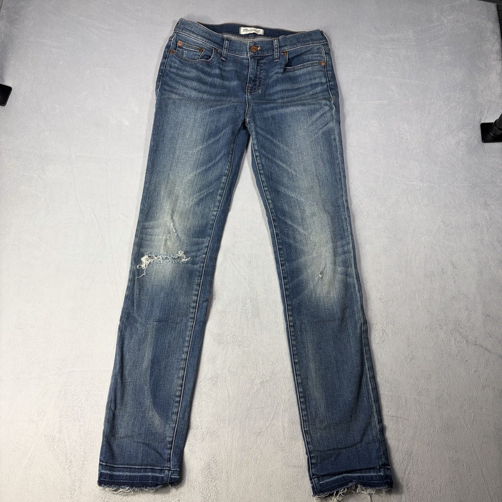 Madewell Alley Straight Jeans Womens Size 28 Blue Distressed Raw Hem Mid Rise